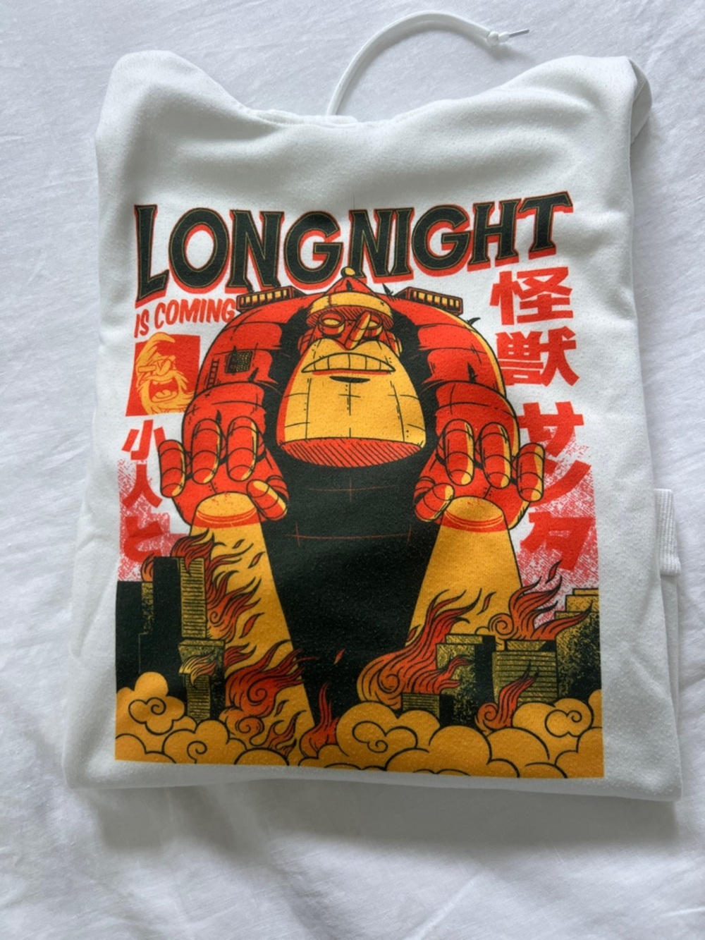 LONGNIGHT Graphic Hoodie in White with Red & Yellow Print